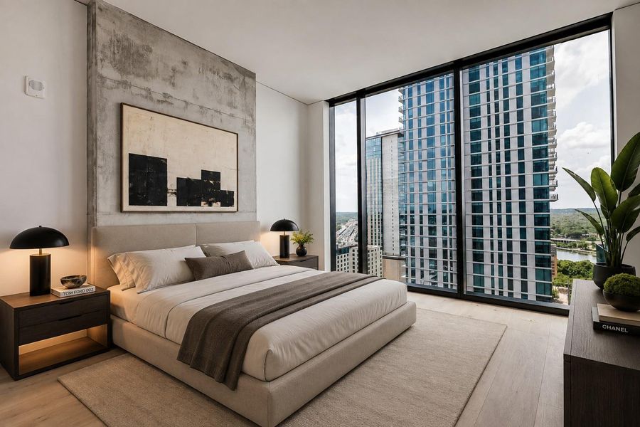 Images shown are virtually staged. Floor-to-ceiling windows frame dynamic city skyline views in this light-filled modern bedroom. Images shown are virtually staged. Floor-to-ceiling windows frame dynamic city skyline views in this light-filled modern bedroom.