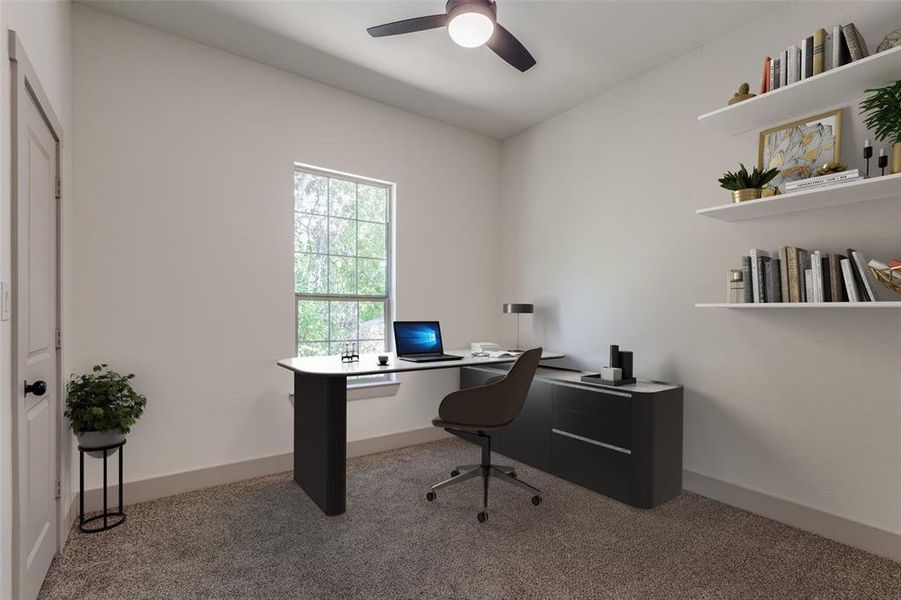 Office with ceiling fan and carpet floors