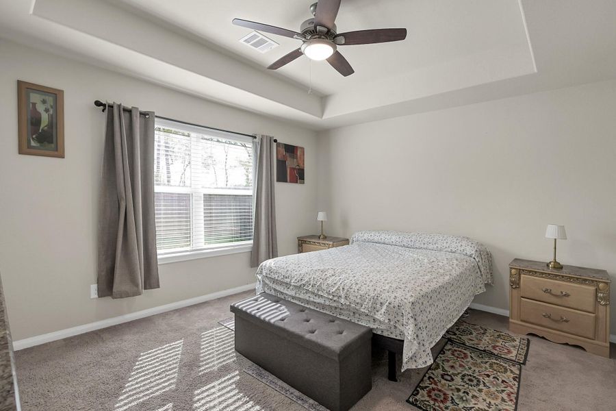 Primary bedroom with a tray ceiling and view of the backyard.
