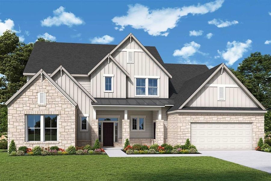 Front exterior of a new home in Pecan Square - Estates, Northlake, TX, highlighting curb appeal (Image 1). Front exterior of a new home in Pecan Square - Estates, Northlake, TX, highlighting curb appeal (Image 1).