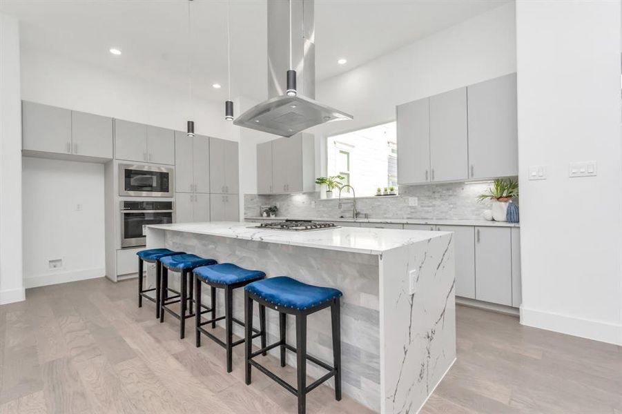 Beautiful quartzite countertops with waterfall edge and ample storage european style cabinets.