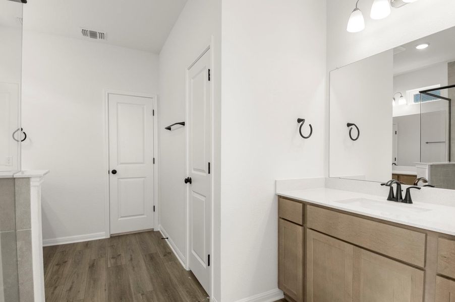 Bathroom with vanity, dark wood-style flooring, and a shower
