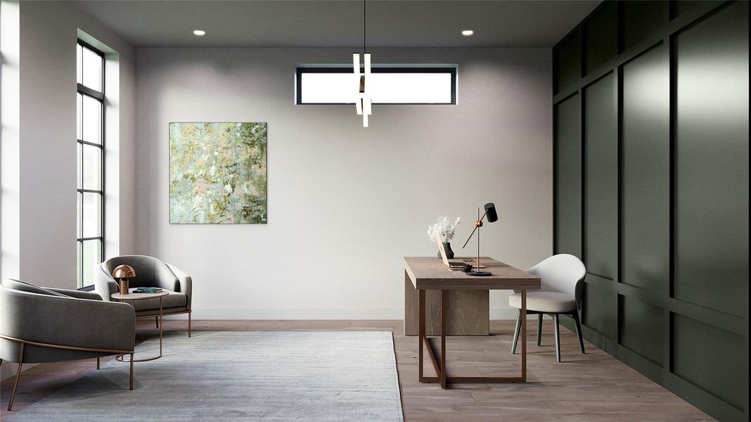 A versatile study as you enter the house on your left.  Rich pewter millwork on the back with a striking light feature make this area welcoming and serene.   Can serve as a fifth bedroom with its adjacent full bath. This is a render.
