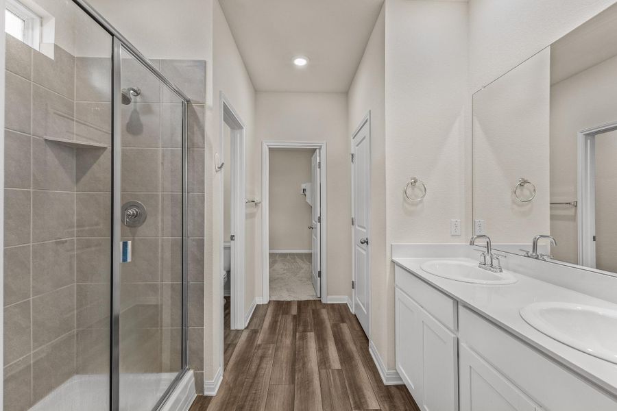 Bathroom featuring a stall shower, double vanity, dark wood finished floors, a walk in closet, and recessed lighting Bathroom featuring a stall shower, double vanity, dark wood finished floors, a walk in closet, and recessed lighting