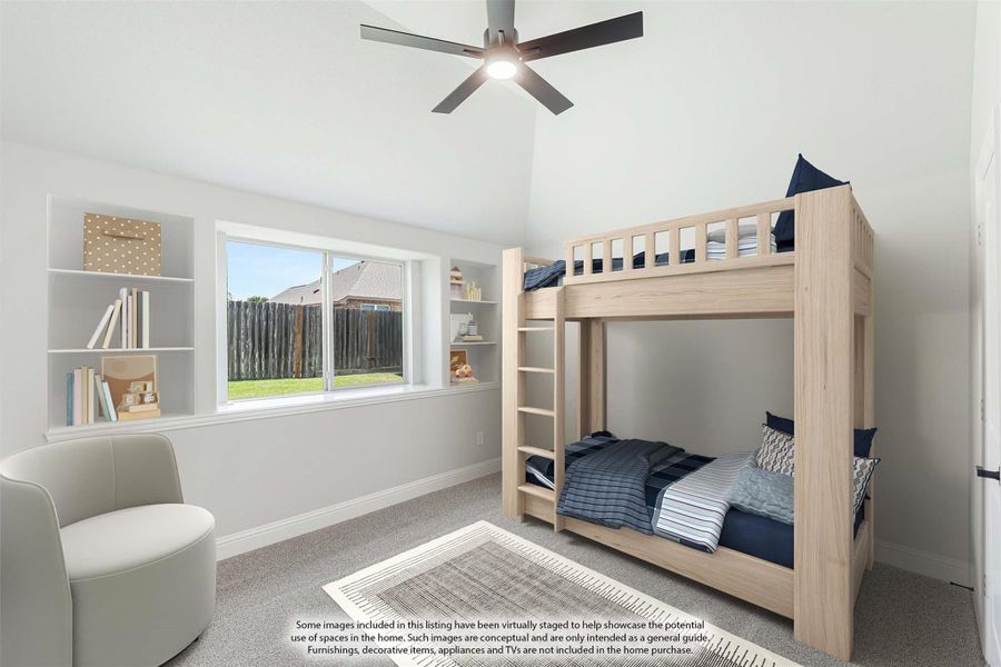 Children's bedroom with wood bunk beds, built-in shelves, ceiling fan, and carpet flooring Children's bedroom with wood bunk beds, built-in shelves, ceiling fan, and carpet flooring
