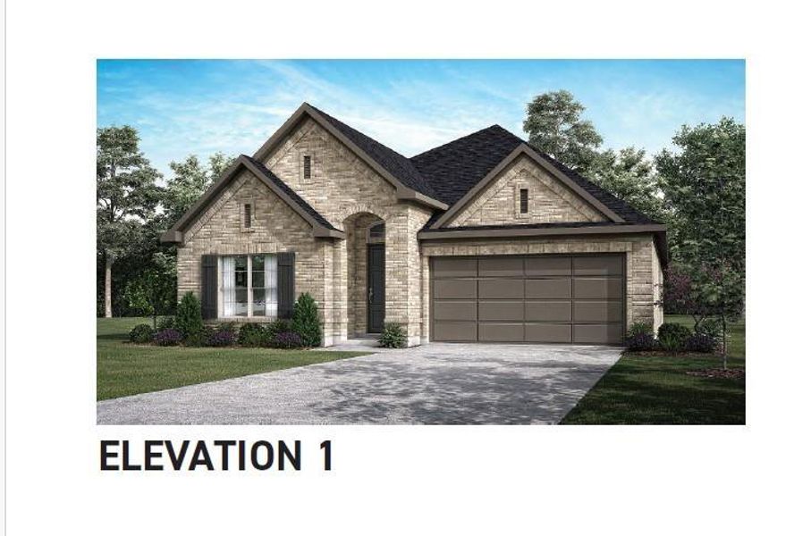 Front exterior of a new home in Sienna 45', 50', Missouri City, TX, highlighting curb appeal (Image 1).