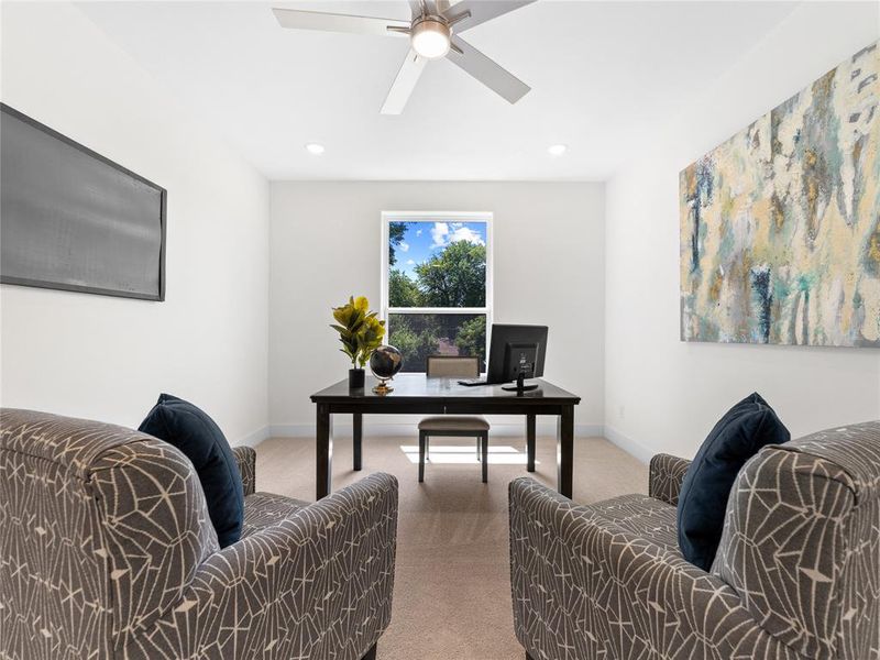 Office with light carpet, recessed lighting, and a ceiling fan