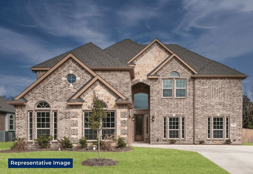 Representative exterior photo of a completed home built from the Bellacrest FSW (w/Media) by First Texas Homes in Cambridge Estates, Prosper, TX (Image 1). Representative exterior photo of a completed home built from the Bellacrest FSW (w/Media) by First Texas Homes in Cambridge Estates, Prosper, TX (Image 1).