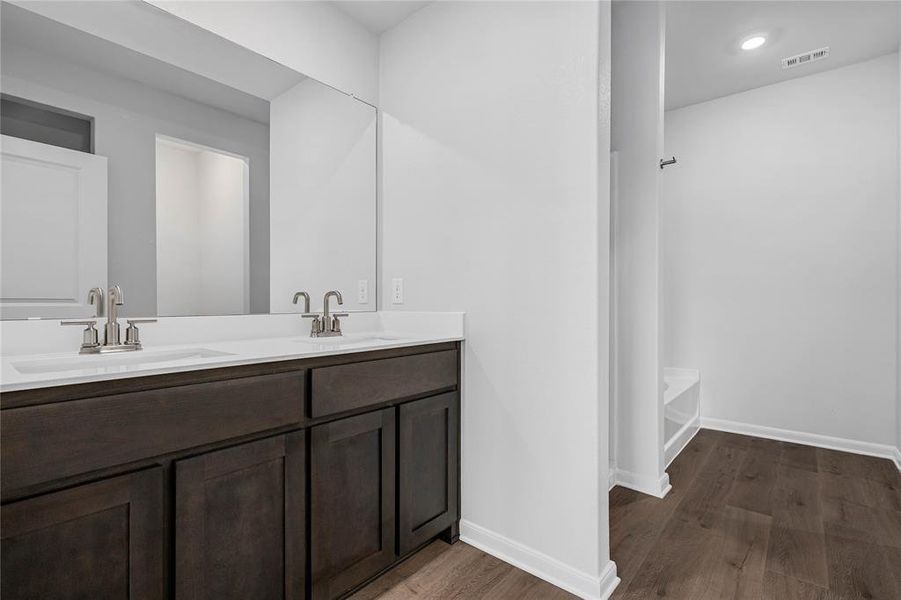 Bathroom featuring double vanity and dark wood-type flooring