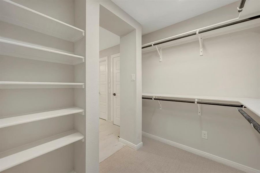 Walk in closet featuring light carpet