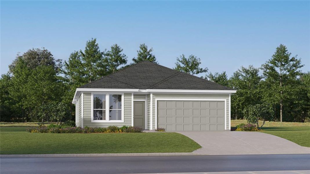 Ranch-style house featuring a garage and a front yard