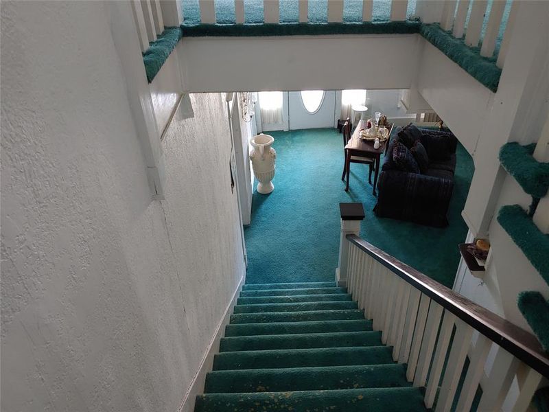View leading down carpeted staircase with white balusters and dark-finished handrails leading to a lower level with matching carpeting View leading down carpeted staircase with white balusters and dark-finished handrails leading to a lower level with matching carpeting