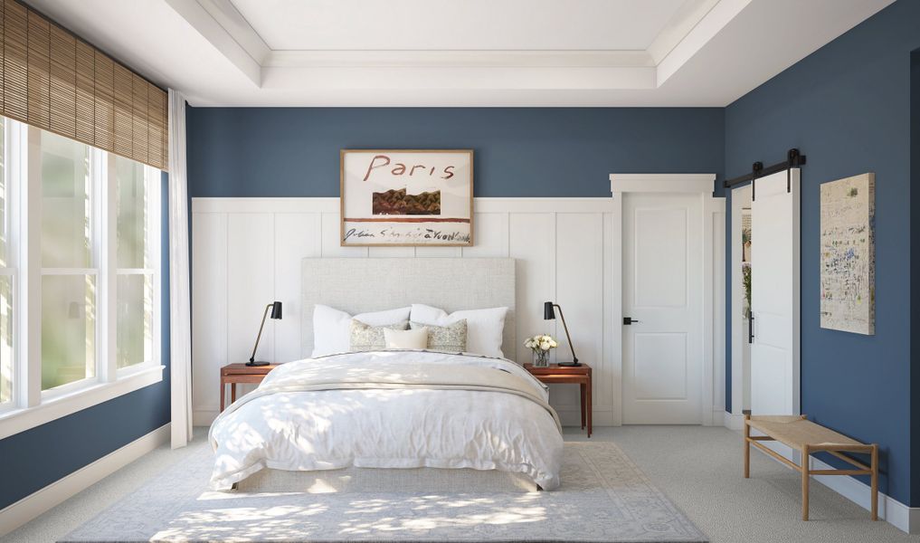 Primary suite with decorative feature wall Primary suite with decorative feature wall