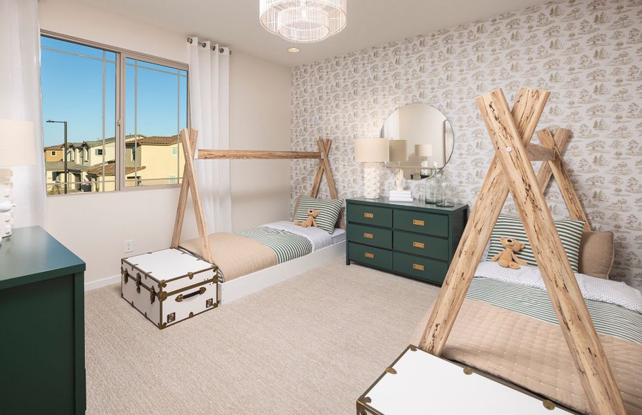 Secondary bedroom with large window in Prato new home construction at Jorde Farms in Queen Creek, AZ Secondary bedroom with large window in Prato new home construction at Jorde Farms in Queen Creek, AZ