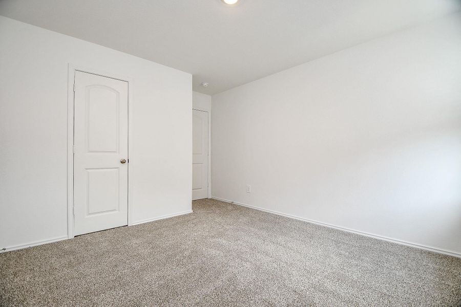 This photo shows a bright, empty room with clean white walls and plush carpeting. It features a closed door and a standard light fixture, offering a blank canvas for customization.