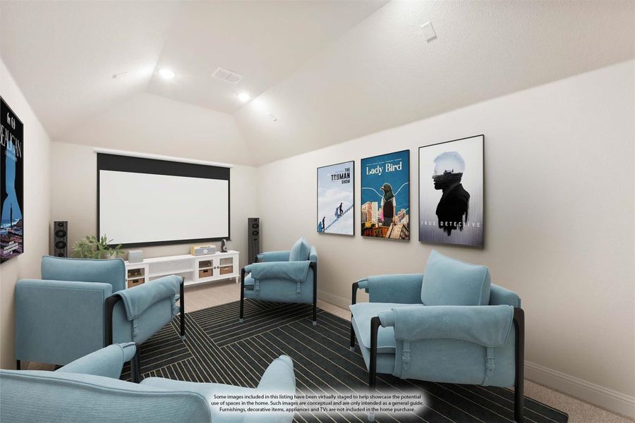 Home theater room with projection screen, blue armchairs, and movie posters on the wall