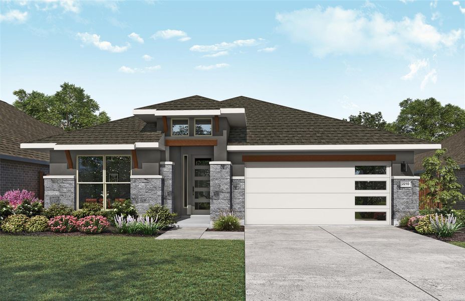 Front exterior of a new home in Newhaven, Manor, TX, highlighting curb appeal (Image 1). Front exterior of a new home in Newhaven, Manor, TX, highlighting curb appeal (Image 1).