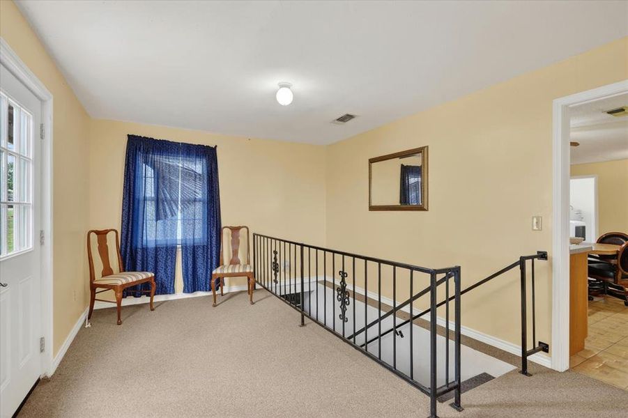 Carpeted landing featuring a white paneled door with glass inserts, a window, and black metal stair railings leading to basement.