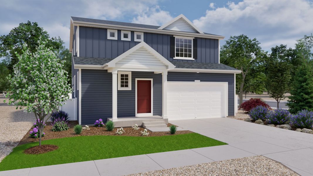 Front exterior of a new home in Sky Ranch, Watkins, CO, highlighting curb appeal (Image 1). Front exterior of a new home in Sky Ranch, Watkins, CO, highlighting curb appeal (Image 1).