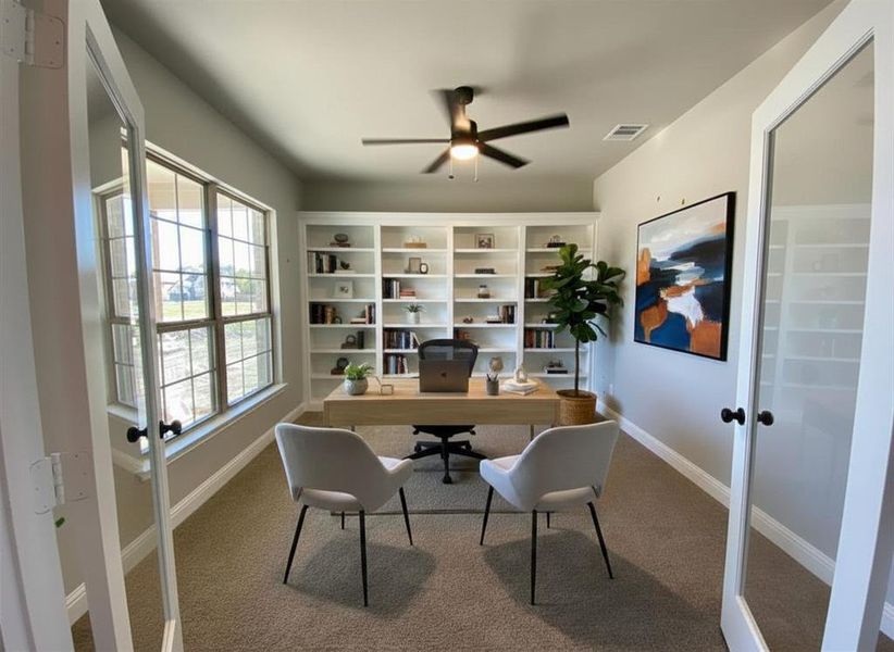 Study with glass double doors and ceiling fan