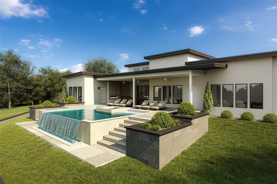 Contemporary residence featuring a multi-level pool with a waterfall edge, an integrated spa, a covered patio, and extensive glazing