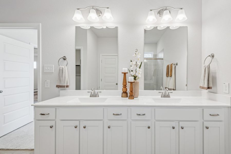 Primary Bathroom. Staged model home shown for illustration only; actual features, colors, and upgrades may vary. Primary Bathroom. Staged model home shown for illustration only; actual features, colors, and upgrades may vary.