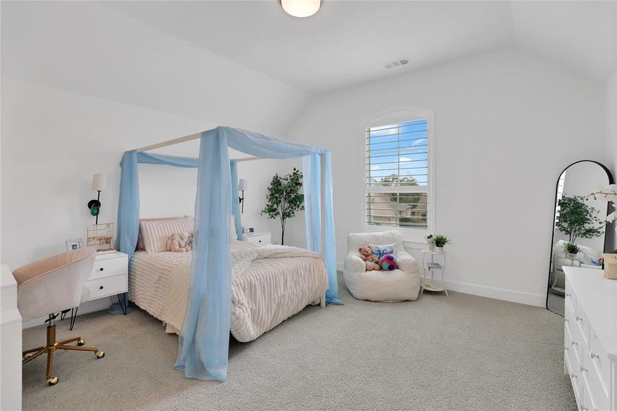 Carpeted room featuring a vaulted ceiling, a large arched window with plantation shutters, and a built-in light fixture