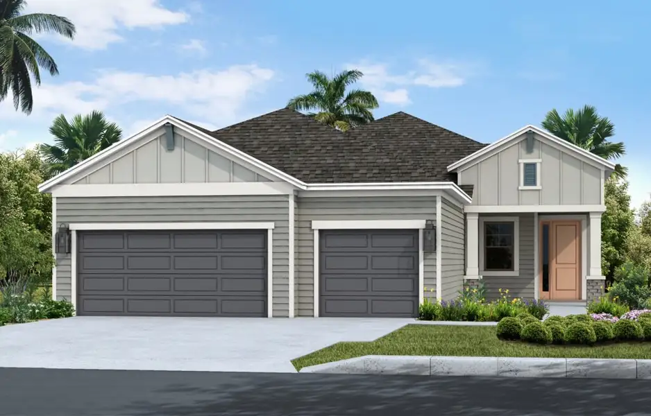 Front exterior of a new home in Canoe Creek, Parrish, FL, highlighting curb appeal (Image 1). Front exterior of a new home in Canoe Creek, Parrish, FL, highlighting curb appeal (Image 1).