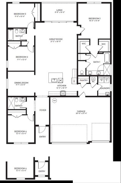2D floor plan layout for the Destin by D.R. Horton in Aspen Estates, Homestead, FL (Image 3).