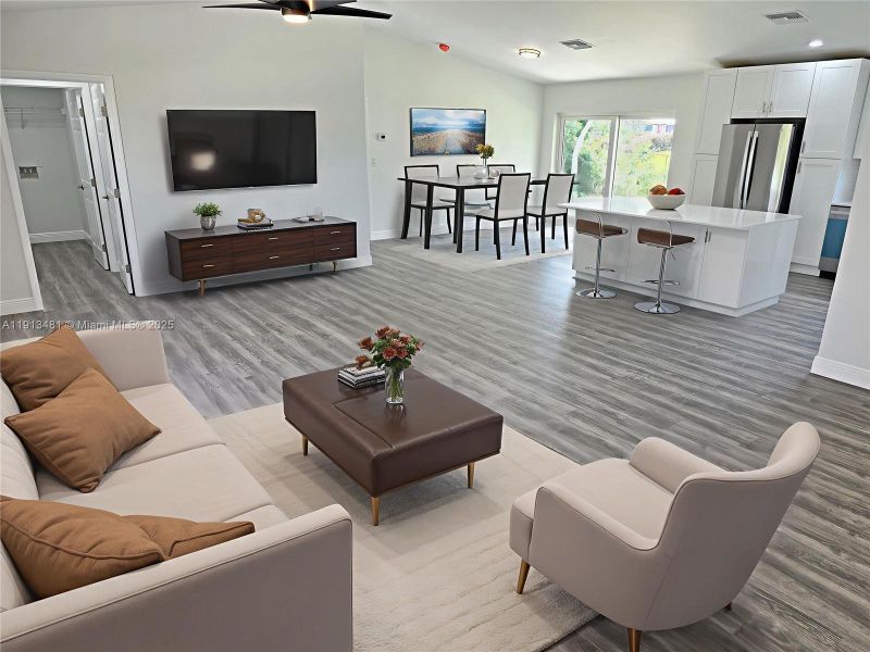 Virtually staged living and dining room