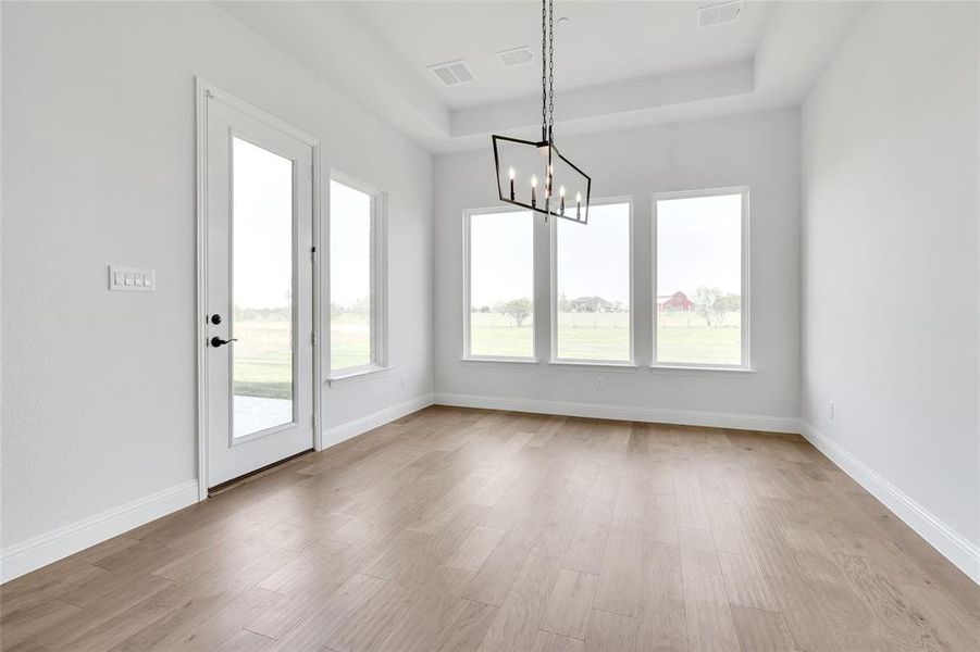 Unfurnished dining area featuring a tray ceiling, an inviting chandelier, and light hardwood / wood-style flooring