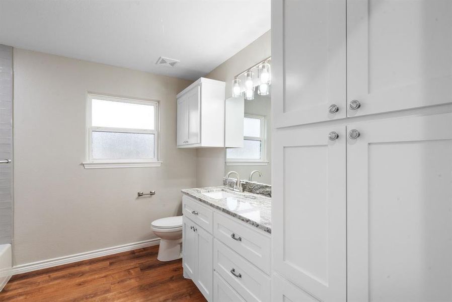 Bathroom with hardwood / wood-style floors, vanity, and toilet Bathroom with hardwood / wood-style floors, vanity, and toilet