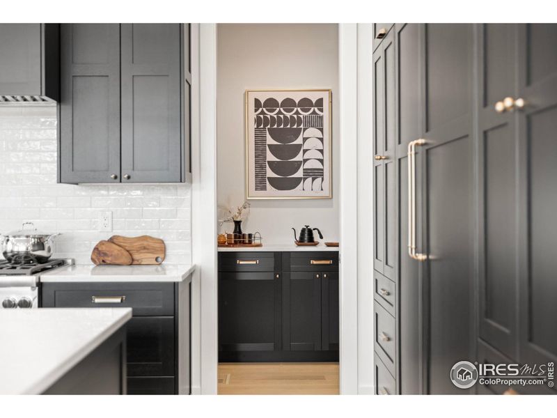 Walk-in pantry with additional built-in cabinetry and countertop.