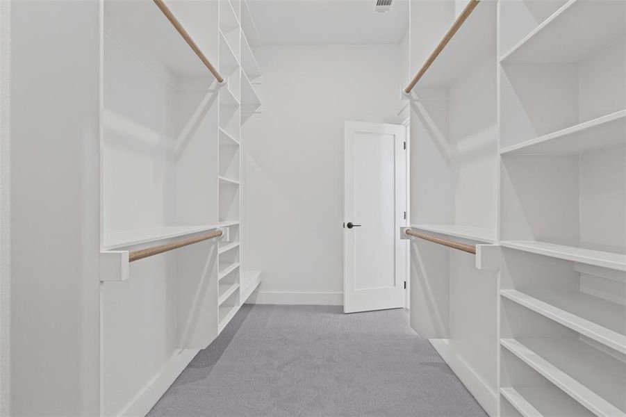 Spacious closet with light carpet