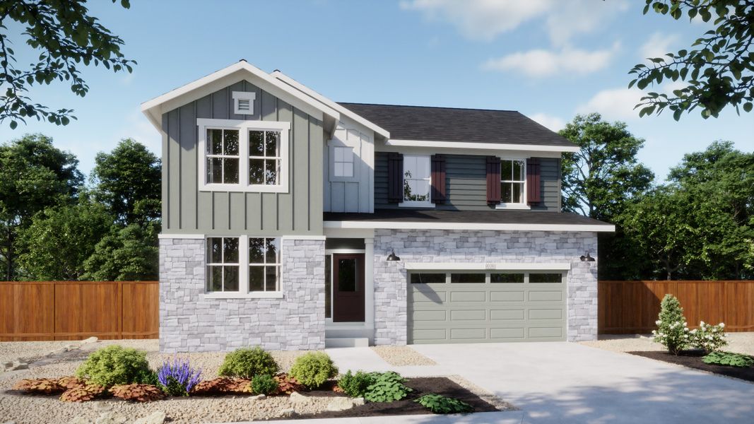 Representative exterior photo of a completed home built from the 4006 by Risewell Homes in Harvest Crossing, Aurora, CO (Image 3). Representative exterior photo of a completed home built from the 4006 by Risewell Homes in Harvest Crossing, Aurora, CO (Image 3).