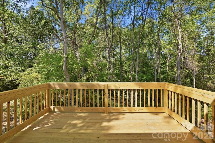 Large back deck overlooking gently sloping yard.