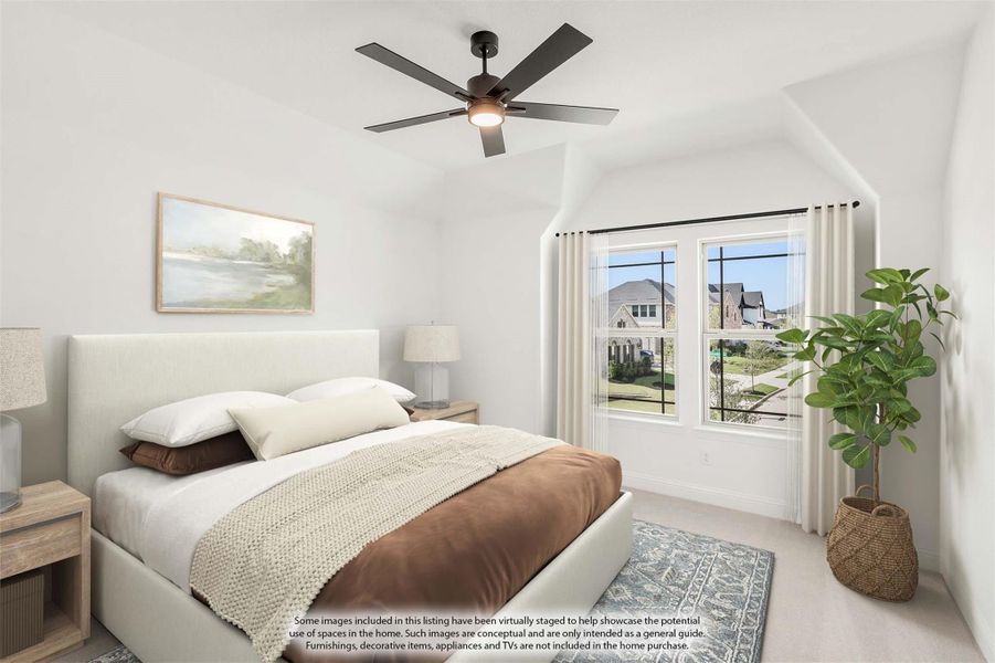 Bedroom with vaulted ceiling, ceiling fan, carpet flooring, and large windows with neighborhood view