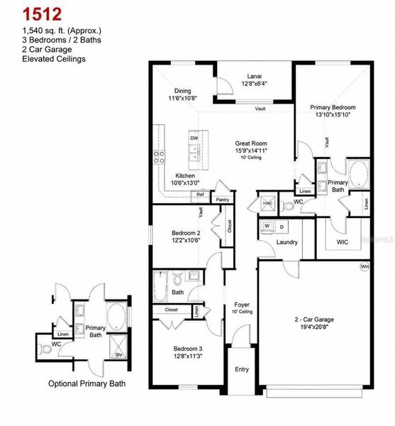 2D floor plan layout for the 1512 by Adams Homes in Winding Oaks, Weeki Wachee, FL (Image 4).