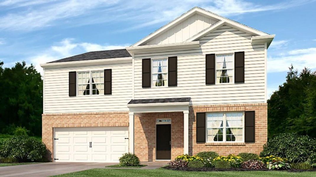 Front exterior of a new home in Northwoods at Mirror Lake, Villa Rica, GA, highlighting curb appeal (Image 1). Front exterior of a new home in Northwoods at Mirror Lake, Villa Rica, GA, highlighting curb appeal (Image 1).