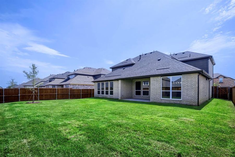 Expansive backyard featuring a lush lawn, privacy fencing, and a young tree Expansive backyard featuring a lush lawn, privacy fencing, and a young tree