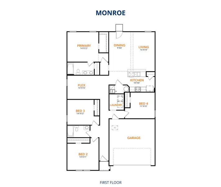 2D floor plan layout for the Monroe by National HomeCorp in Walnut Hills, La Grange, NC (Image 3).