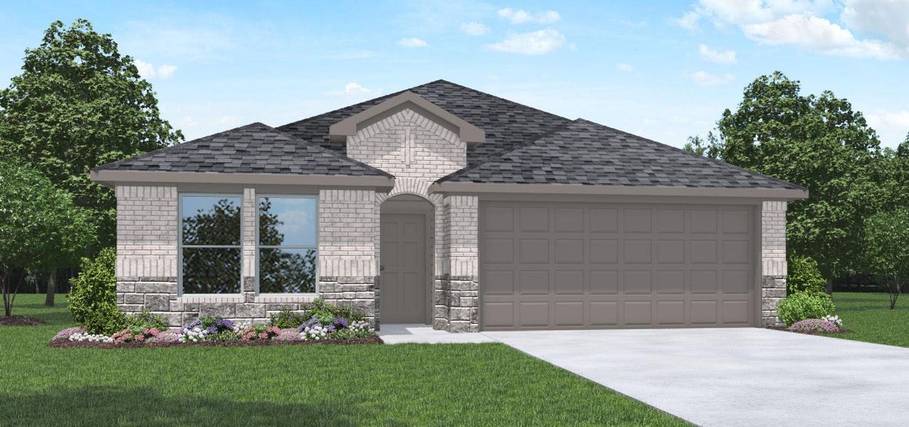 Front exterior of a new home in Sunterra Lakes, Brookshire, TX, highlighting curb appeal (Image 1). Front exterior of a new home in Sunterra Lakes, Brookshire, TX, highlighting curb appeal (Image 1).