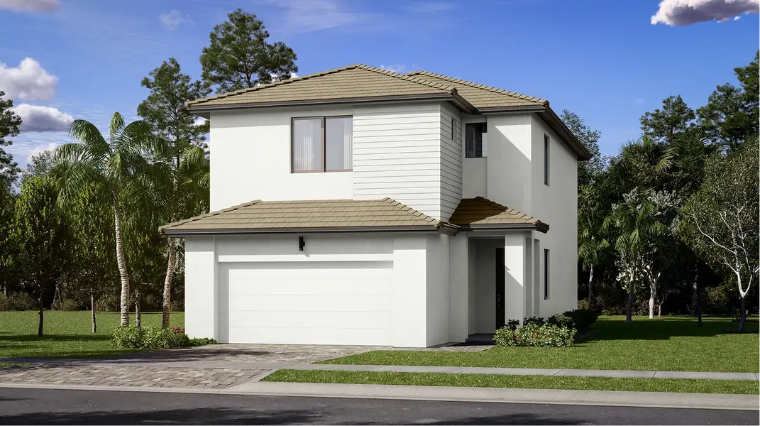 Front exterior of a new home in Solterra, Sunrise, FL, highlighting curb appeal (Image 1). Front exterior of a new home in Solterra, Sunrise, FL, highlighting curb appeal (Image 1).