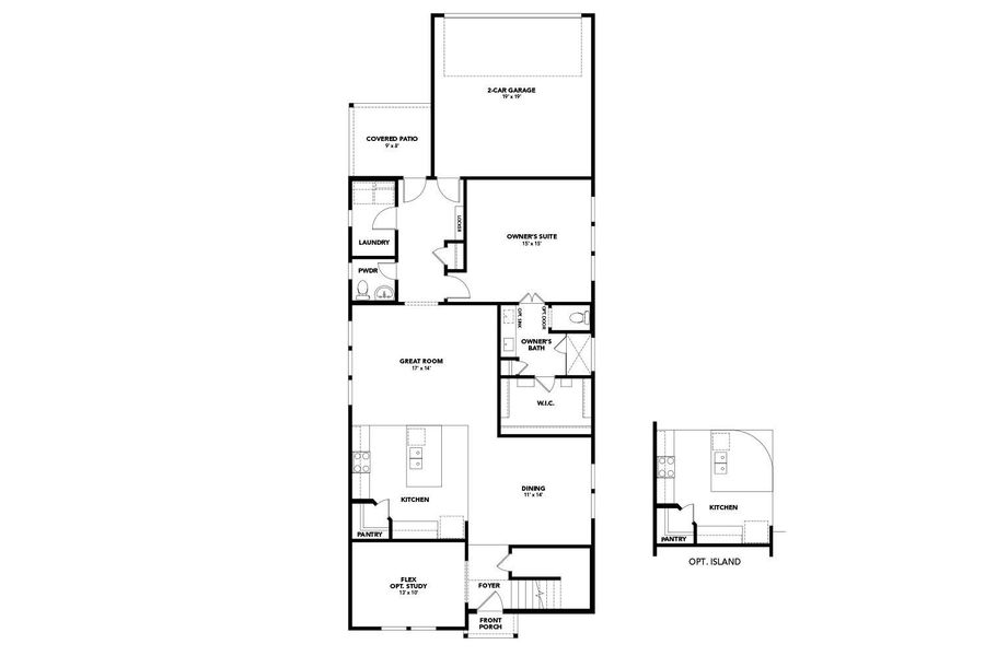 A well-designed floor plan featuring a spacious great room, a private owner's suite, and a functional kitchen with an optional island.