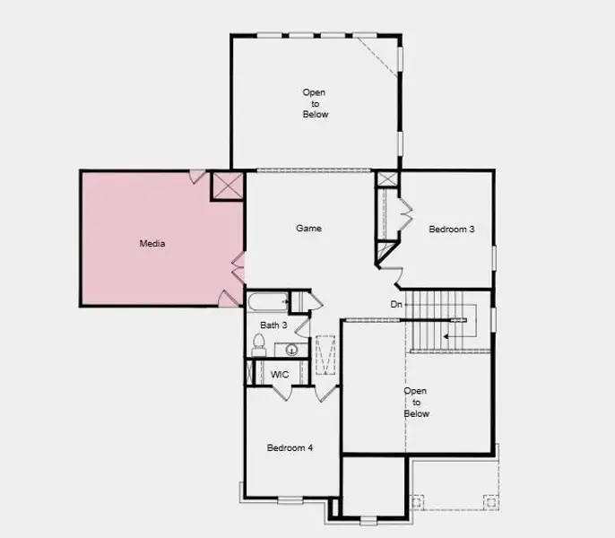 Second Floor Plan - dditional highlights include: tub and shower at primary bath, media room Second Floor Plan - dditional highlights include: tub and shower at primary bath, media room