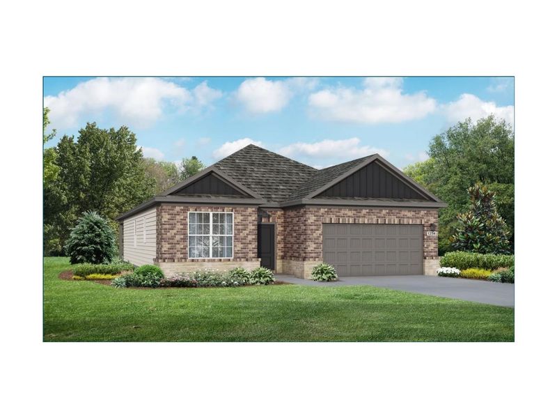 Front exterior of a new home in Sundance Cove, Crosby, TX, highlighting curb appeal (Image 1).