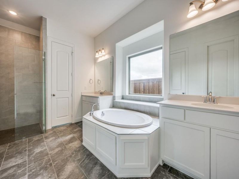 Bathroom with a bath, tiled shower, a sink, and two vanities