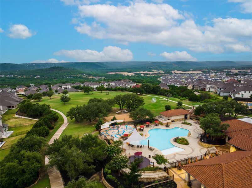 Aerial view of residential area with a pool