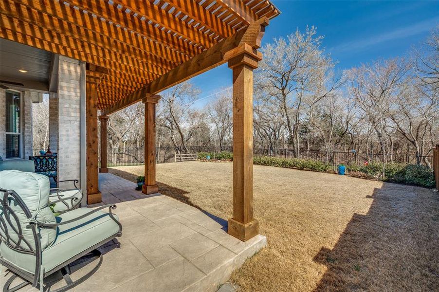 Fenced backyard featuring a pergola and a patio