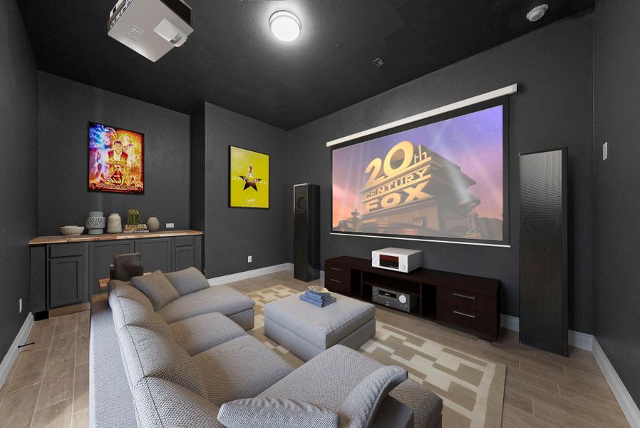 Spacious media room with dark walls for a cinematic feel, virtually staged to illustrate the perfect home theater setup.